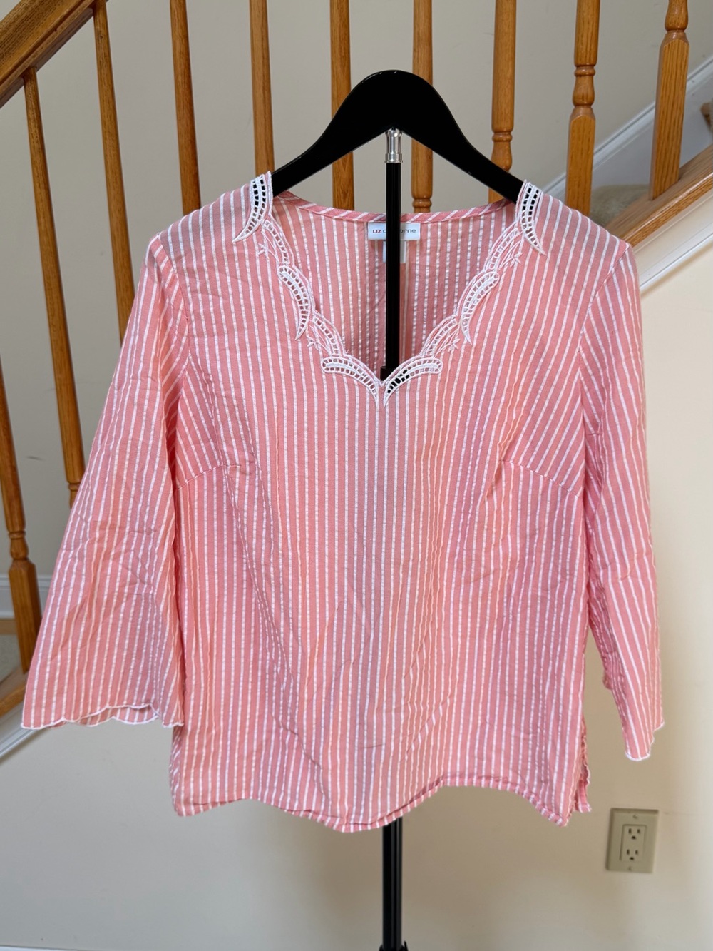 Liz Claiborne Coral Pink and White Striped V-Notch Lace-Trim Blouse